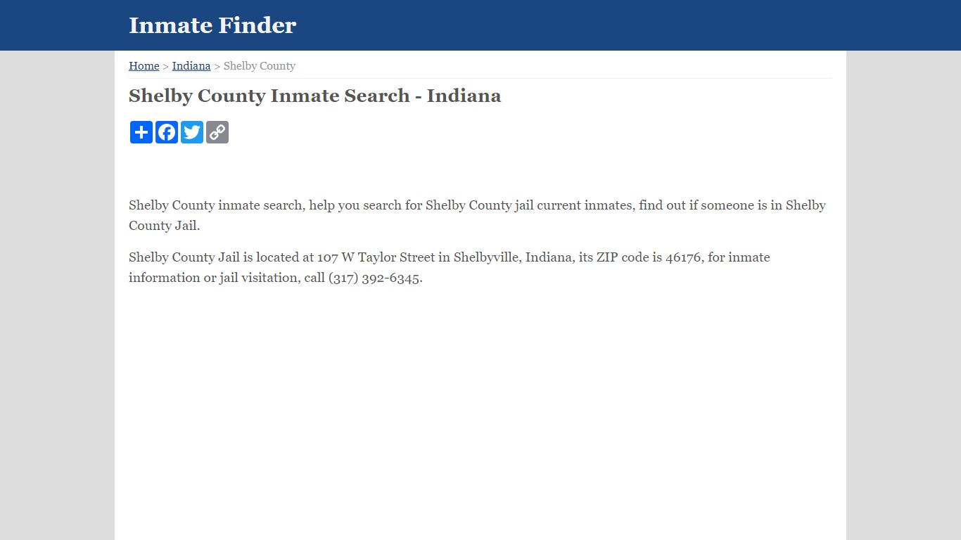 Shelby County Inmate Search - Indiana - InmateFinder.org
